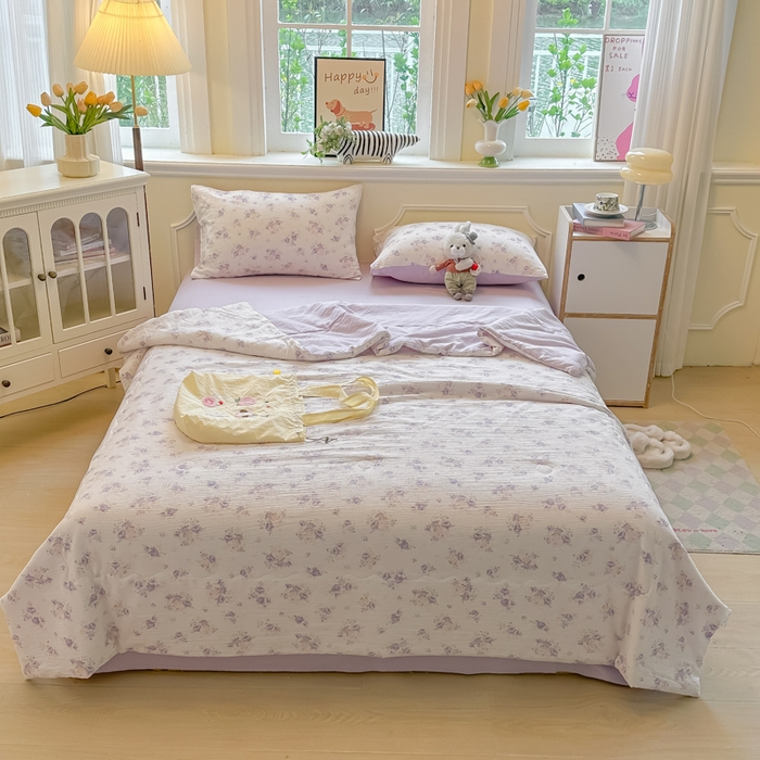 91家纺网 家纺一手货源 找家纺 玉海棠家纺 2025新款云感双层纱暗合夏被夏凉被空调被四件套 紫萱