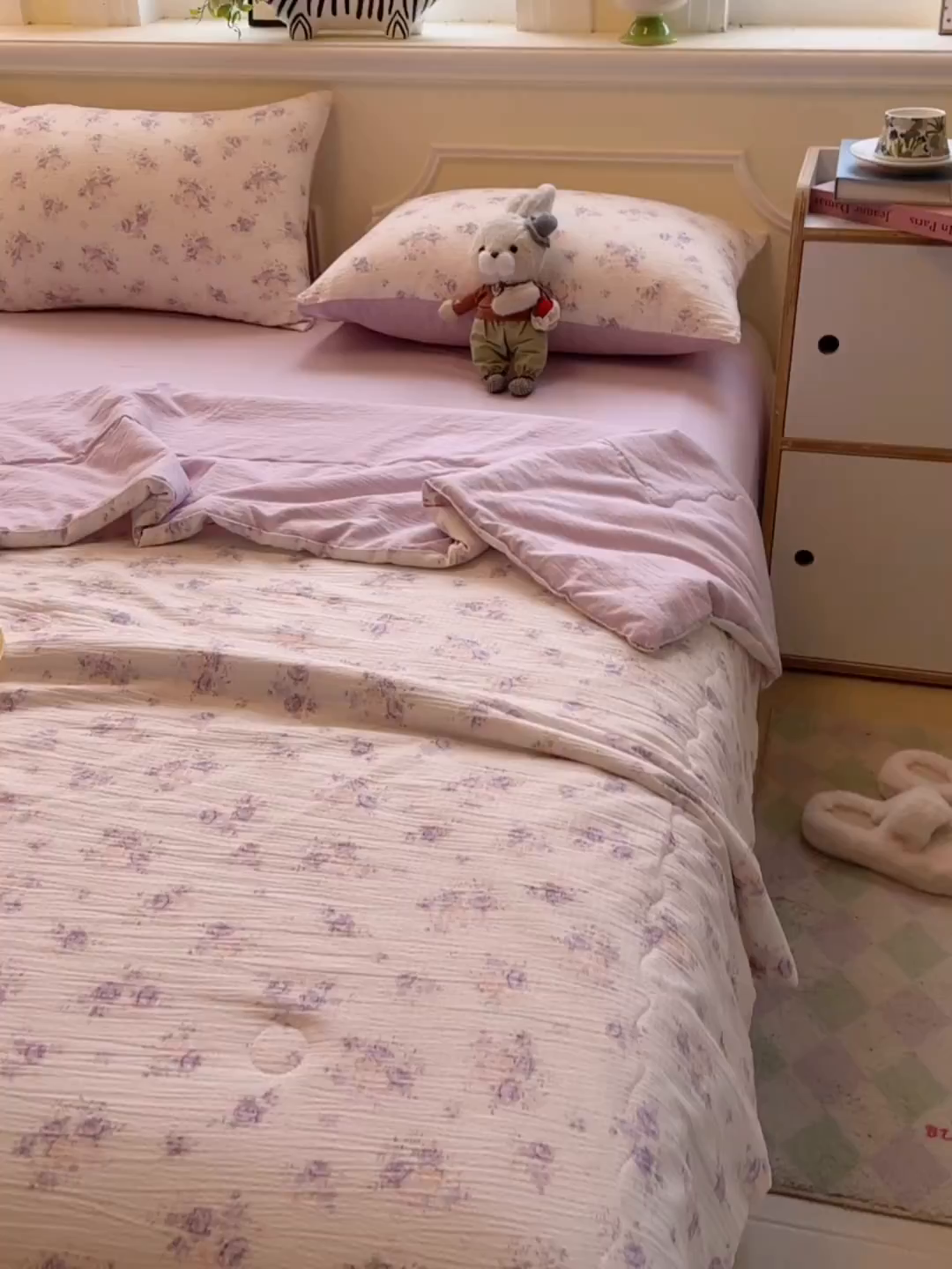 91家纺网 家纺一手货源 找家纺 玉海棠家纺 2025新款云感双层纱暗合夏被夏凉被空调被四件套 紫萱