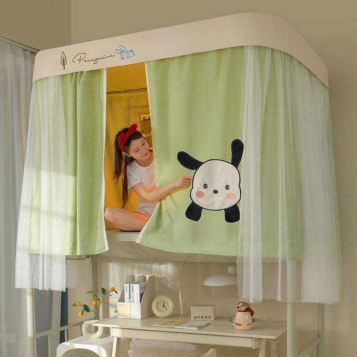 91家纺网 家纺一手货源 找家纺 都市缘蚊帐 2025新款学生宿舍导轨遮光床帘上下铺贴布卡通蚊帐0.8m 0.9m床 呆萌狗-豆绿