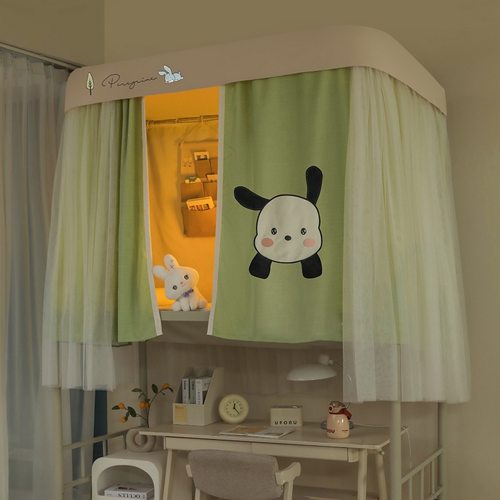 91家纺网 家纺一手货源 找家纺 都市缘蚊帐 2025新款学生宿舍导轨遮光床帘上下铺贴布卡通蚊帐0.8m 0.9m床 呆萌狗-豆绿