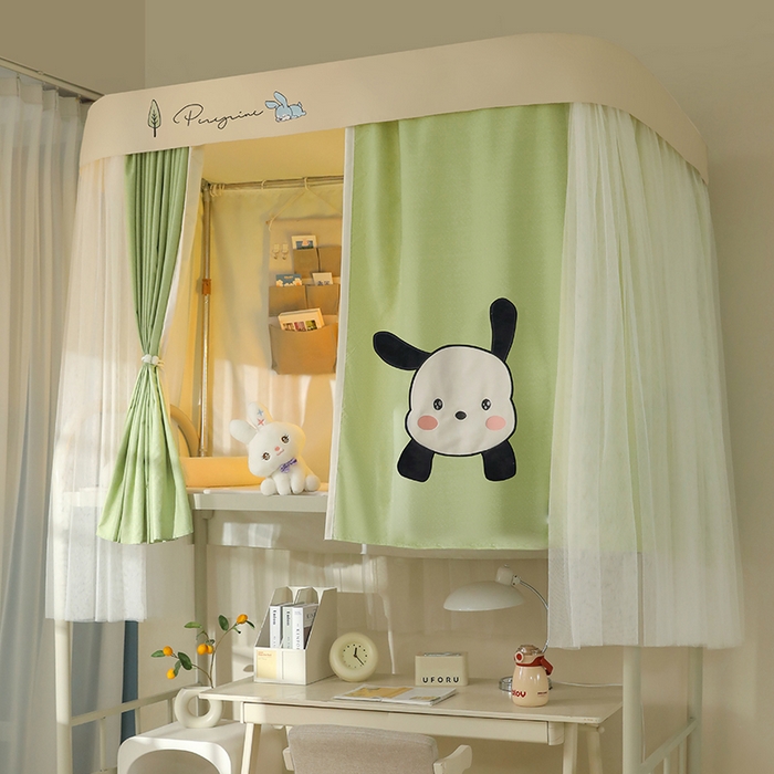 91家纺网 家纺一手货源 找家纺 都市缘蚊帐 2025新款学生宿舍导轨遮光床帘上下铺贴布卡通蚊帐0.8m 0.9m床 呆萌狗-豆绿