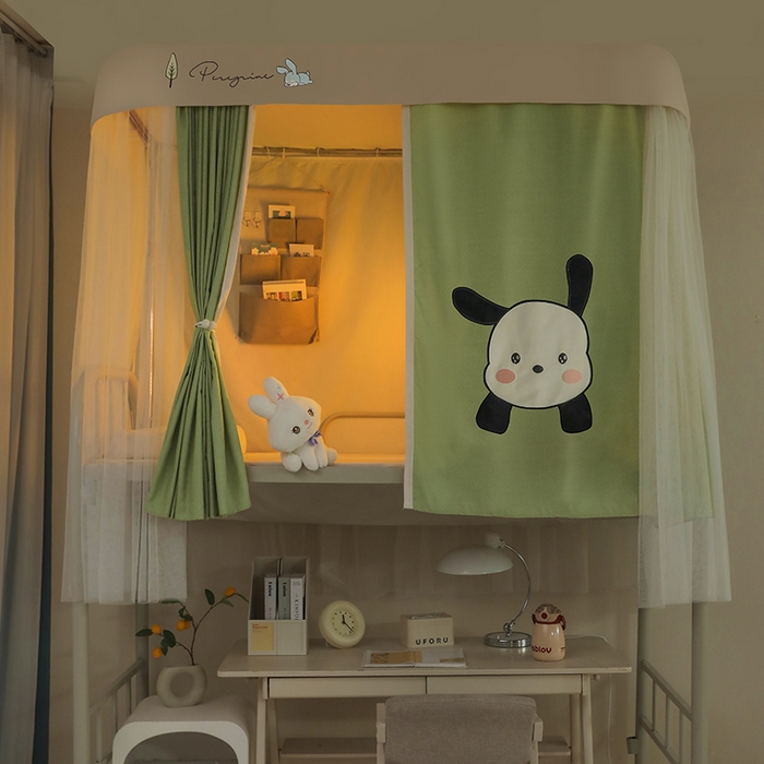 91家纺网 家纺一手货源 找家纺 都市缘蚊帐 2025新款学生宿舍导轨遮光床帘上下铺贴布卡通蚊帐0.8m 0.9m床 呆萌狗-豆绿