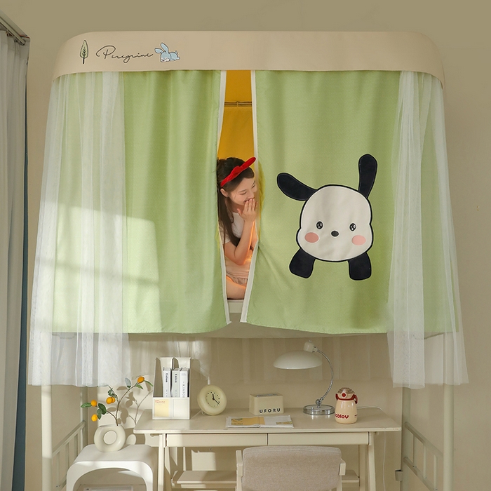 91家纺网 家纺一手货源 找家纺 都市缘蚊帐 2025新款学生宿舍导轨遮光床帘上下铺贴布卡通蚊帐0.8m 0.9m床 呆萌狗-豆绿