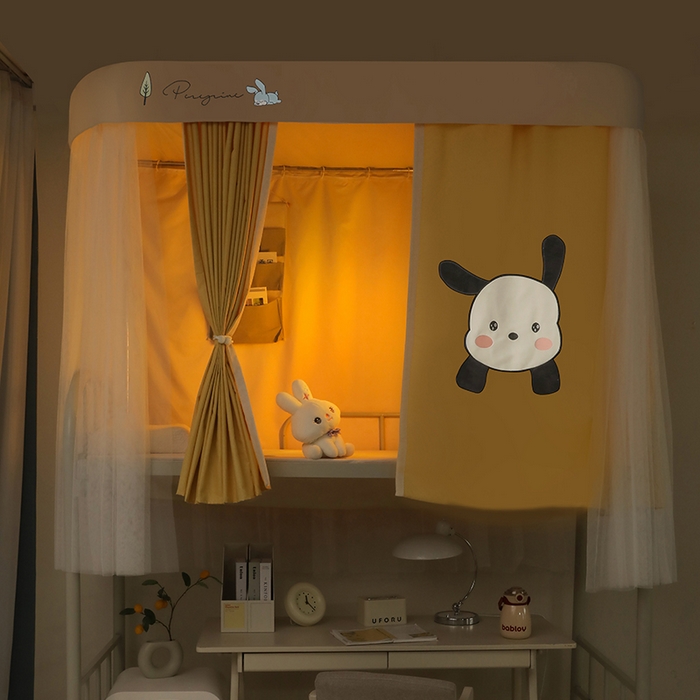 91家纺网 家纺一手货源 找家纺 都市缘蚊帐 2025新款学生宿舍导轨遮光床帘上下铺贴布卡通蚊帐0.8m 0.9m床 呆萌狗-黄