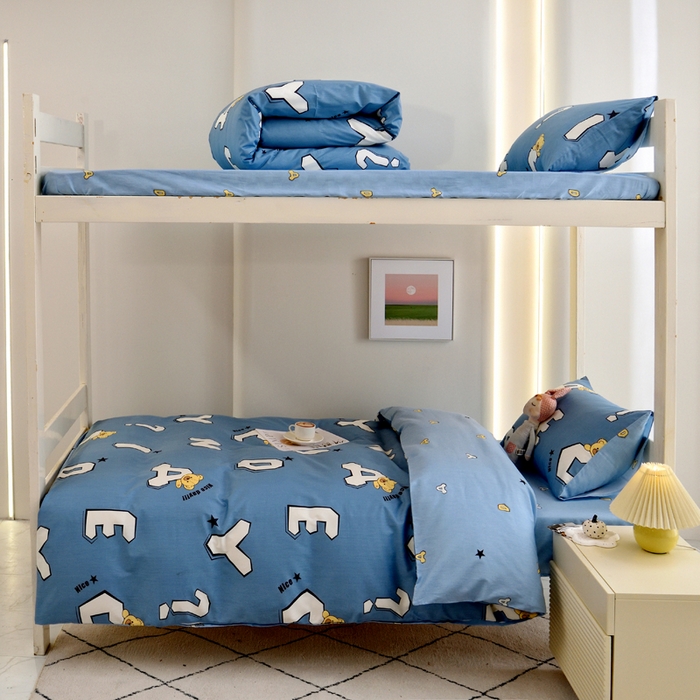 水妙家纺 2025年新款A类全棉纯棉学生宿舍上下铺床笠六件套五件套 布格熊-蓝