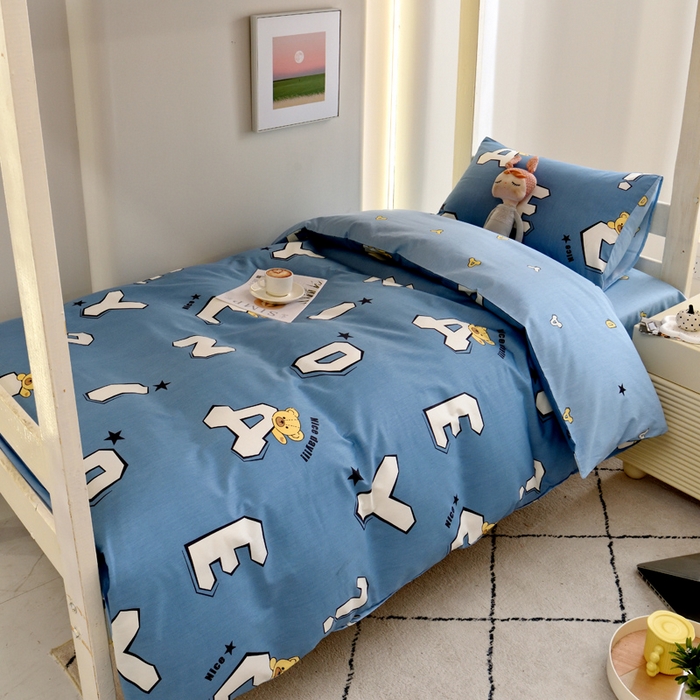 91家纺网 家纺一手货源 找家纺 水妙家纺 2025年新款A类全棉纯棉学生宿舍上下铺床笠六件套五件套 布格熊-蓝