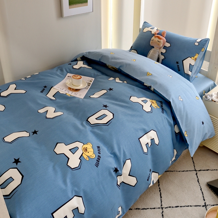 91家纺网 家纺一手货源 找家纺 水妙家纺 2025年新款A类全棉纯棉学生宿舍上下铺床笠六件套五件套 布格熊-蓝