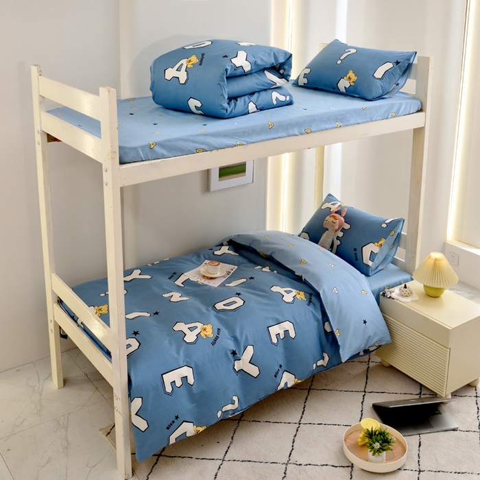 91家纺网 家纺一手货源 找家纺 水妙家纺 2025年新款A类全棉纯棉学生宿舍上下铺床笠六件套五件套 布格熊-蓝