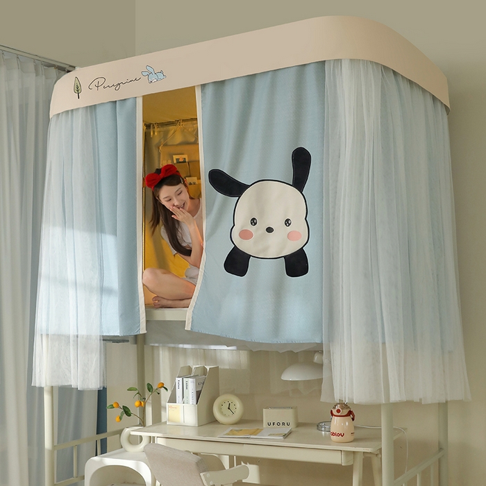 91家纺网 家纺一手货源 找家纺 都市缘蚊帐 2025新款学生宿舍导轨遮光床帘上下铺贴布卡通蚊帐0.8m 0.9m床 呆萌狗-墨绿