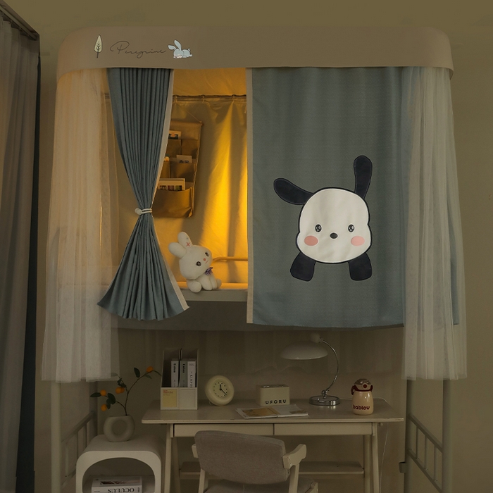 91家纺网 家纺一手货源 找家纺 都市缘蚊帐 2025新款学生宿舍导轨遮光床帘上下铺贴布卡通蚊帐0.8m 0.9m床 呆萌狗-墨绿