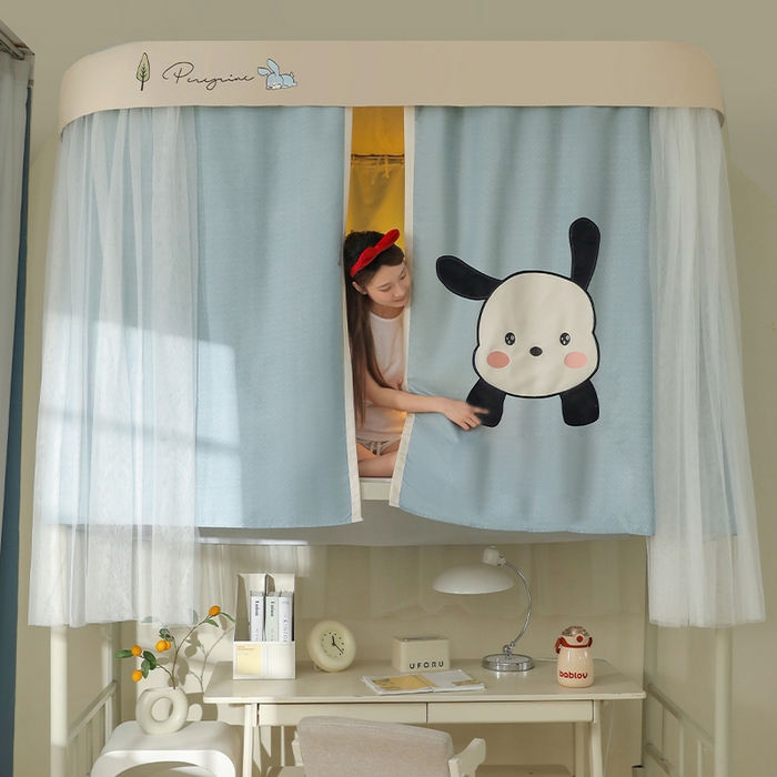 91家纺网 家纺一手货源 找家纺 都市缘蚊帐 2025新款学生宿舍导轨遮光床帘上下铺贴布卡通蚊帐0.8m 0.9m床 呆萌狗-墨绿