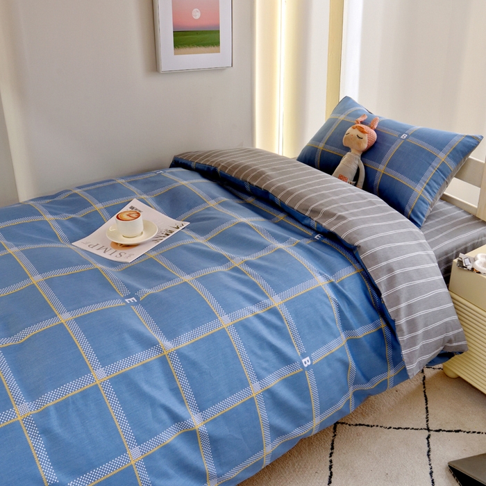 91家纺网 家纺一手货源 找家纺 水妙家纺 2025年新款A类全棉纯棉学生宿舍上下铺床笠六件套五件套 都市舞曲-蓝