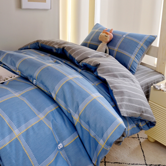 91家纺网 家纺一手货源 找家纺 水妙家纺 2025年新款A类全棉纯棉学生宿舍上下铺床笠六件套五件套 都市舞曲-蓝