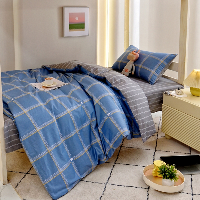 91家纺网 家纺一手货源 找家纺 水妙家纺 2025年新款A类全棉纯棉学生宿舍上下铺床笠六件套五件套 都市舞曲-蓝