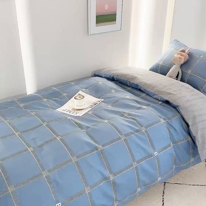 91家纺网 家纺一手货源 找家纺 水妙家纺 2025年新款A类全棉纯棉学生宿舍上下铺床笠六件套五件套 都市舞曲-蓝