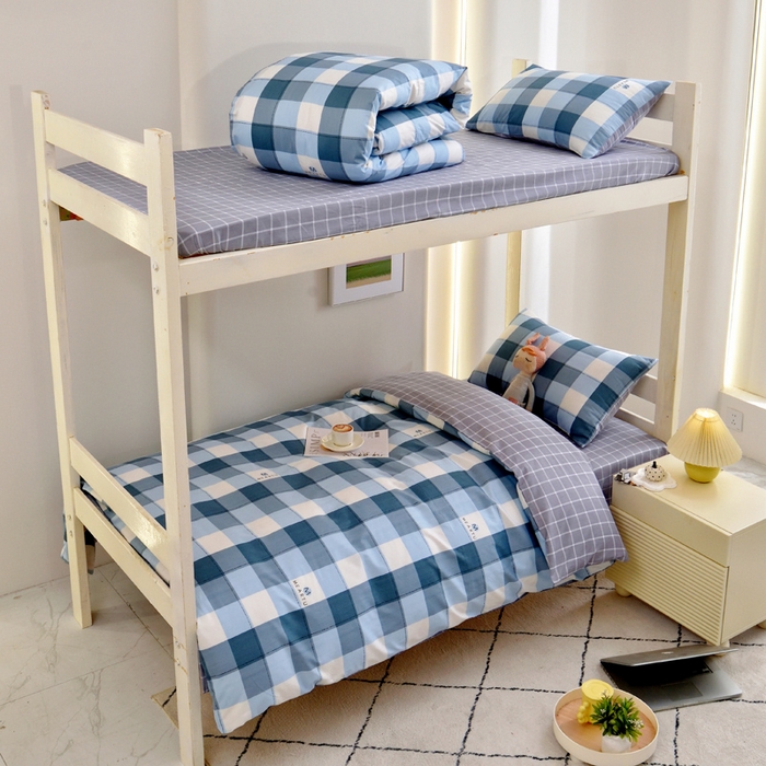 91家纺网 家纺一手货源 找家纺 水妙家纺 2025年新款A类全棉纯棉学生宿舍上下铺床笠六件套五件套 梵华-蓝