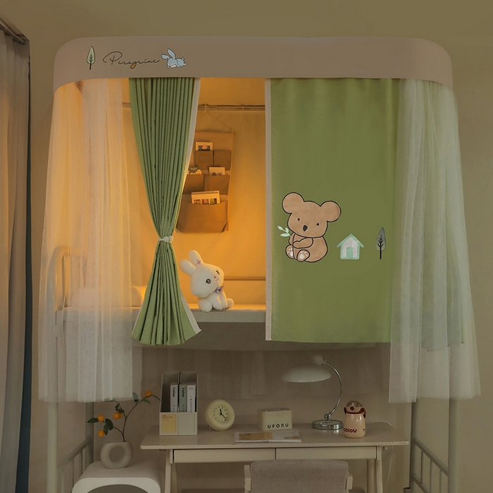 91家纺网 家纺一手货源 找家纺 都市缘蚊帐 2025新款学生宿舍导轨遮光床帘上下铺贴布卡通蚊帐0.8m 0.9m床 考拉-豆绿