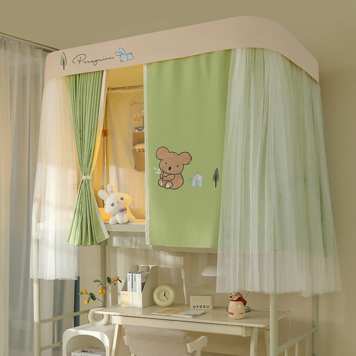 91家纺网 家纺一手货源 找家纺 都市缘蚊帐 2025新款学生宿舍导轨遮光床帘上下铺贴布卡通蚊帐0.8m 0.9m床 考拉-豆绿