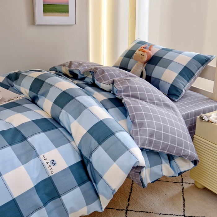 91家纺网 家纺一手货源 找家纺 水妙家纺 2025年新款A类全棉纯棉学生宿舍上下铺床笠六件套五件套 梵华-蓝