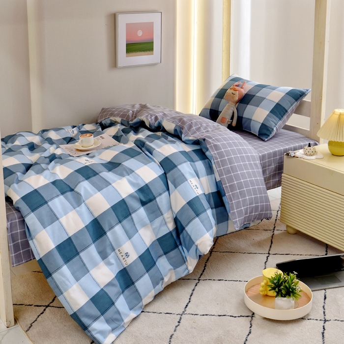 91家纺网 家纺一手货源 找家纺 水妙家纺 2025年新款A类全棉纯棉学生宿舍上下铺床笠六件套五件套 梵华-蓝