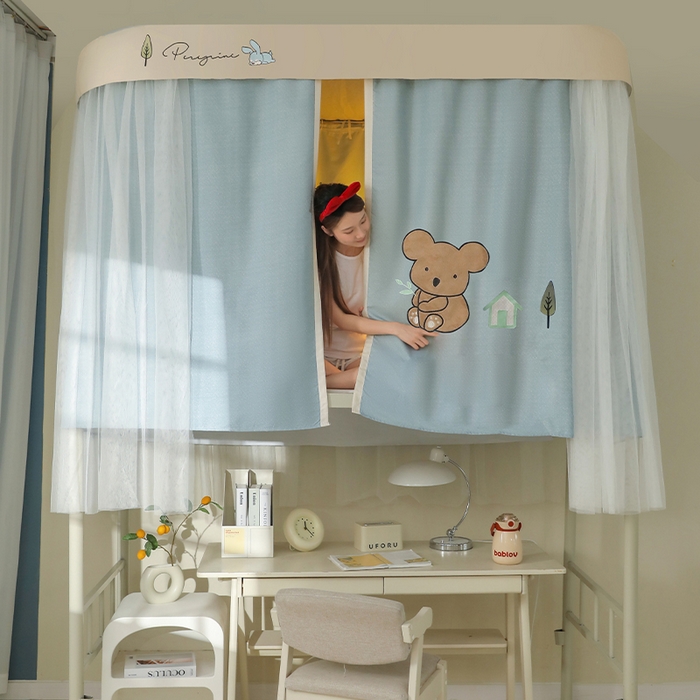 91家纺网 家纺一手货源 找家纺 都市缘蚊帐 2025新款学生宿舍导轨遮光床帘上下铺贴布卡通蚊帐0.8m 0.9m床 考拉-墨绿