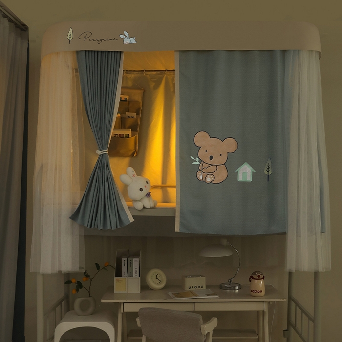 91家纺网 家纺一手货源 找家纺 都市缘蚊帐 2025新款学生宿舍导轨遮光床帘上下铺贴布卡通蚊帐0.8m 0.9m床 考拉-墨绿