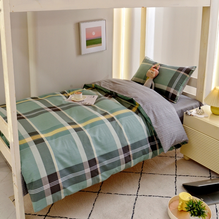 91家纺网 家纺一手货源 找家纺 水妙家纺 2025年新款A类全棉纯棉学生宿舍上下铺床笠六件套五件套 凯特-绿