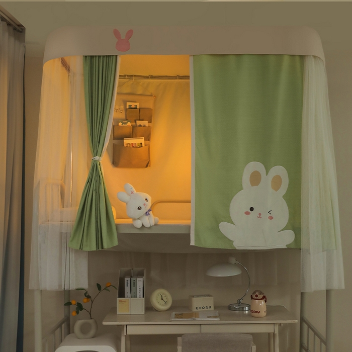91家纺网 家纺一手货源 找家纺 都市缘蚊帐 2025新款学生宿舍导轨遮光床帘上下铺贴布卡通蚊帐0.8m 0.9m床 软萌兔-豆绿