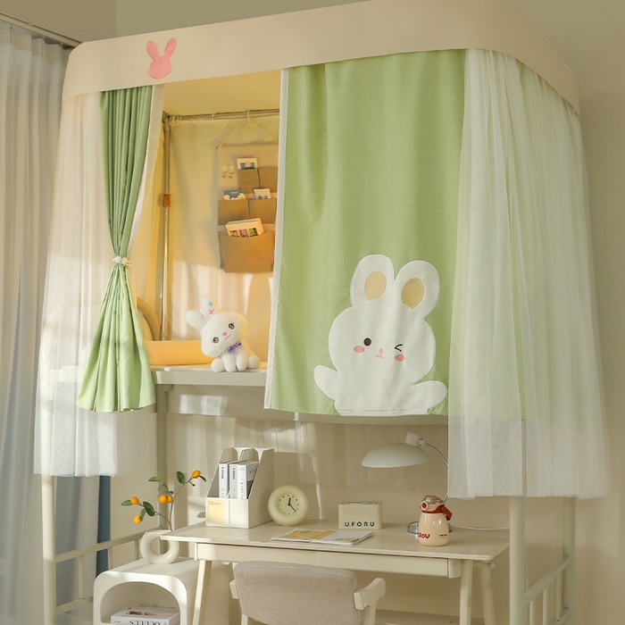 91家纺网 家纺一手货源 找家纺 都市缘蚊帐 2025新款学生宿舍导轨遮光床帘上下铺贴布卡通蚊帐0.8m 0.9m床 软萌兔-豆绿