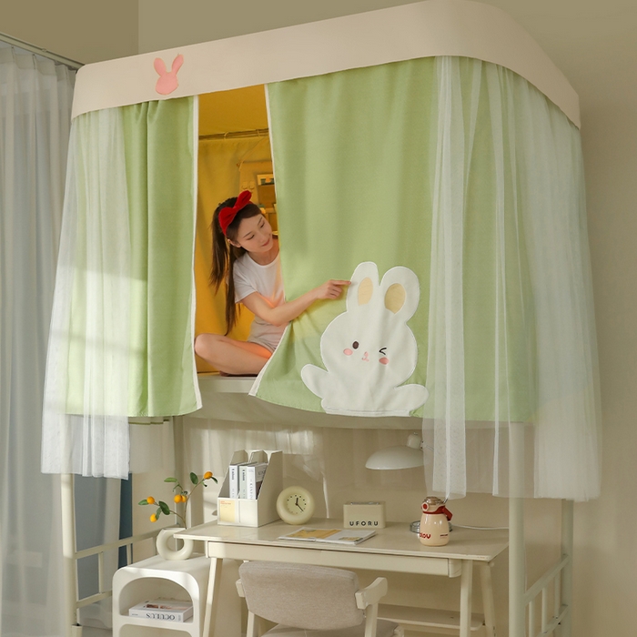91家纺网 家纺一手货源 找家纺 都市缘蚊帐 2025新款学生宿舍导轨遮光床帘上下铺贴布卡通蚊帐0.8m 0.9m床 软萌兔-豆绿