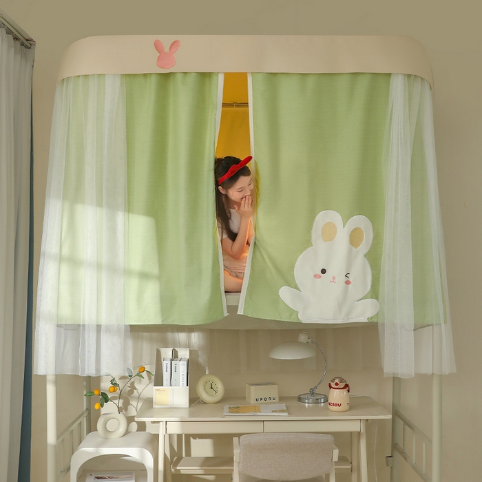 91家纺网 家纺一手货源 找家纺 都市缘蚊帐 2025新款学生宿舍导轨遮光床帘上下铺贴布卡通蚊帐0.8m 0.9m床 软萌兔-豆绿