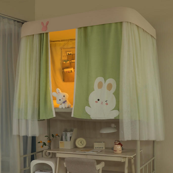 91家纺网 家纺一手货源 找家纺 都市缘蚊帐 2025新款学生宿舍导轨遮光床帘上下铺贴布卡通蚊帐0.8m 0.9m床 软萌兔-豆绿