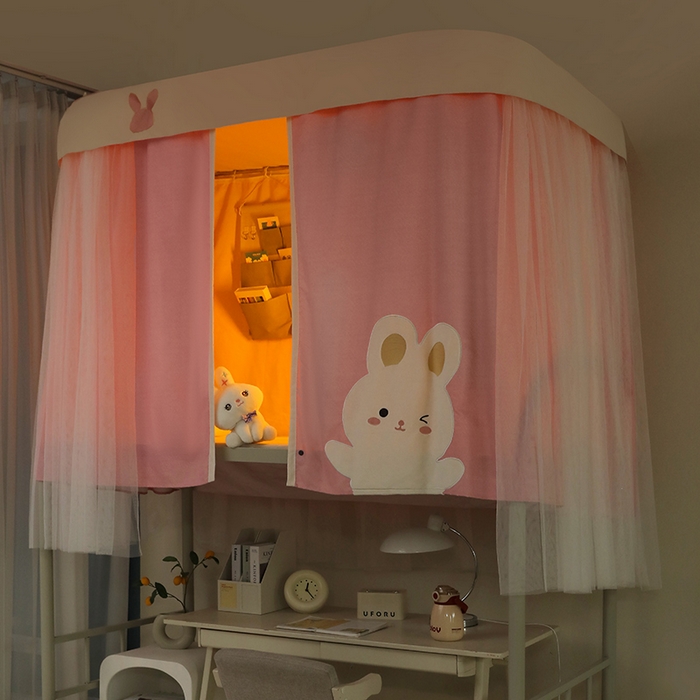 91家纺网 家纺一手货源 找家纺 都市缘蚊帐 2025新款学生宿舍导轨遮光床帘上下铺贴布卡通蚊帐0.8m 0.9m床 软萌兔-粉