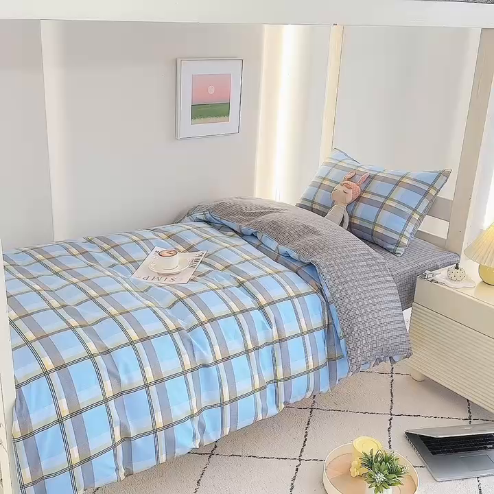 91家纺网 家纺一手货源 找家纺 水妙家纺 2025年新款A类全棉纯棉学生宿舍上下铺床笠六件套五件套 马尔-蓝