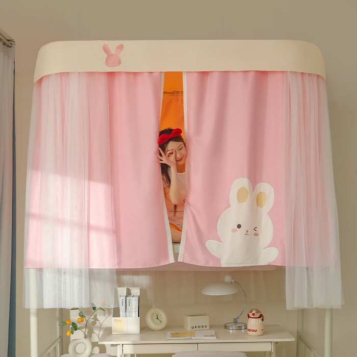 91家纺网 家纺一手货源 找家纺 都市缘蚊帐 2025新款学生宿舍导轨遮光床帘上下铺贴布卡通蚊帐0.8m 0.9m床 软萌兔-粉