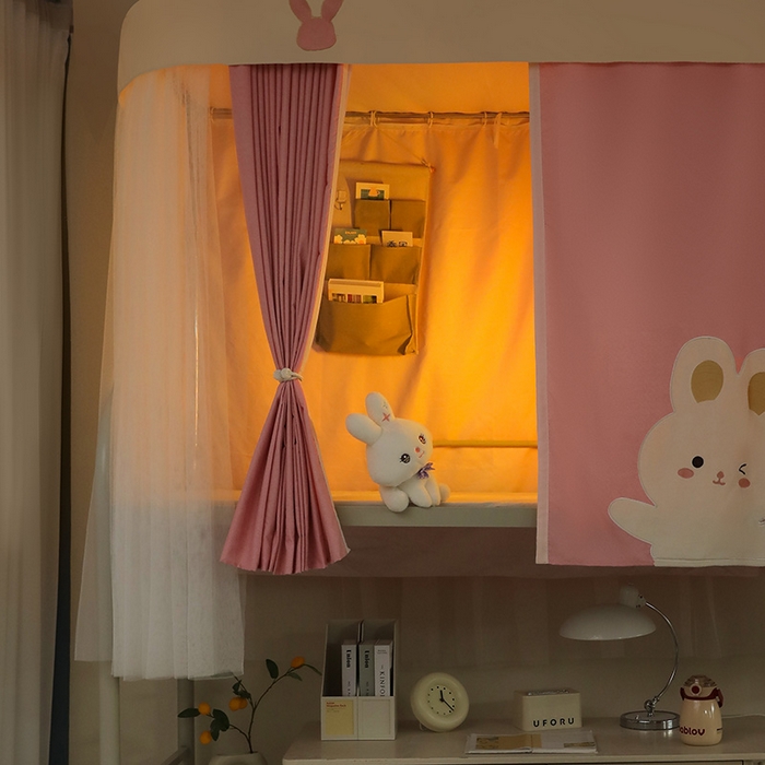 91家纺网 家纺一手货源 找家纺 都市缘蚊帐 2025新款学生宿舍导轨遮光床帘上下铺贴布卡通蚊帐0.8m 0.9m床 软萌兔-粉