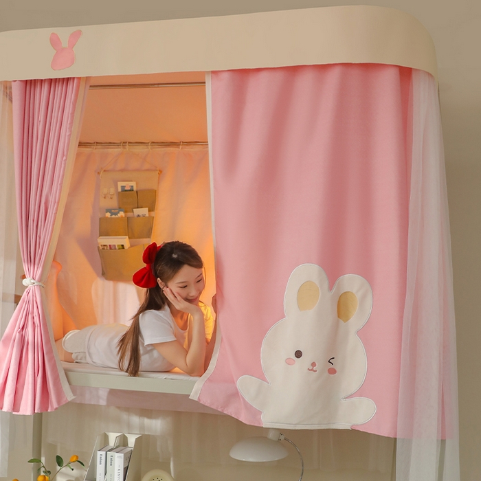 91家纺网 家纺一手货源 找家纺 都市缘蚊帐 2025新款学生宿舍导轨遮光床帘上下铺贴布卡通蚊帐0.8m 0.9m床 软萌兔-粉