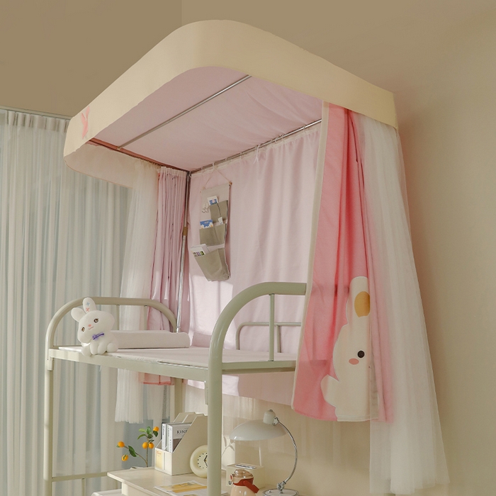 91家纺网 家纺一手货源 找家纺 都市缘蚊帐 2025新款学生宿舍导轨遮光床帘上下铺贴布卡通蚊帐0.8m 0.9m床 软萌兔-粉