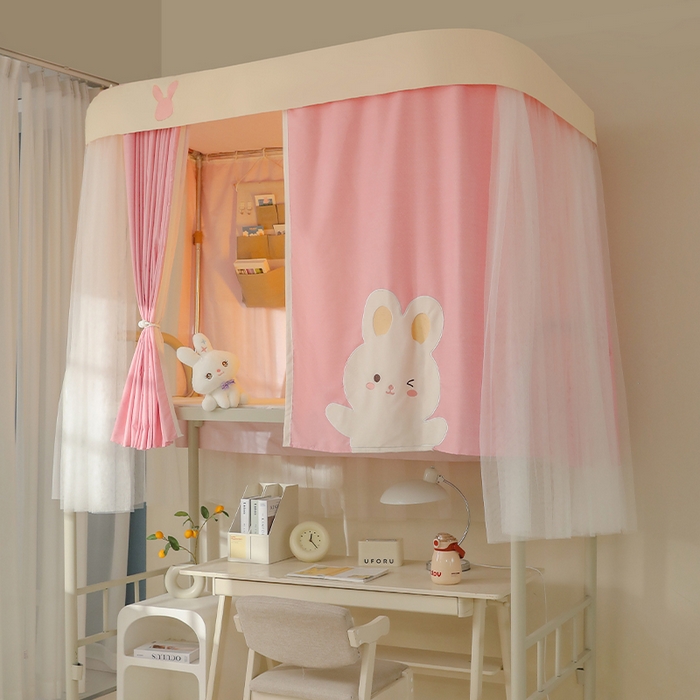 91家纺网 家纺一手货源 找家纺 都市缘蚊帐 2025新款学生宿舍导轨遮光床帘上下铺贴布卡通蚊帐0.8m 0.9m床 软萌兔-粉