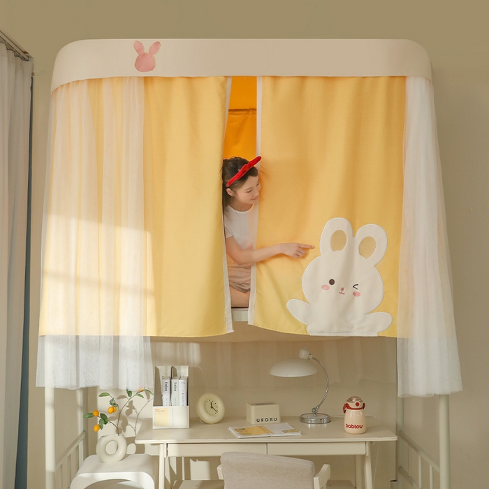 91家纺网 家纺一手货源 找家纺 都市缘蚊帐 2025新款学生宿舍导轨遮光床帘上下铺贴布卡通蚊帐0.8m 0.9m床 软萌兔-黄