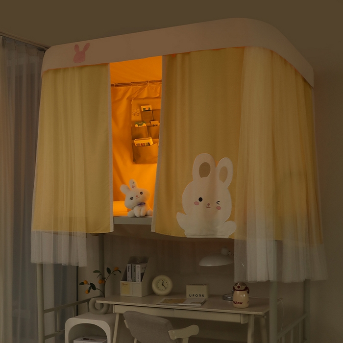 91家纺网 家纺一手货源 找家纺 都市缘蚊帐 2025新款学生宿舍导轨遮光床帘上下铺贴布卡通蚊帐0.8m 0.9m床 软萌兔-黄