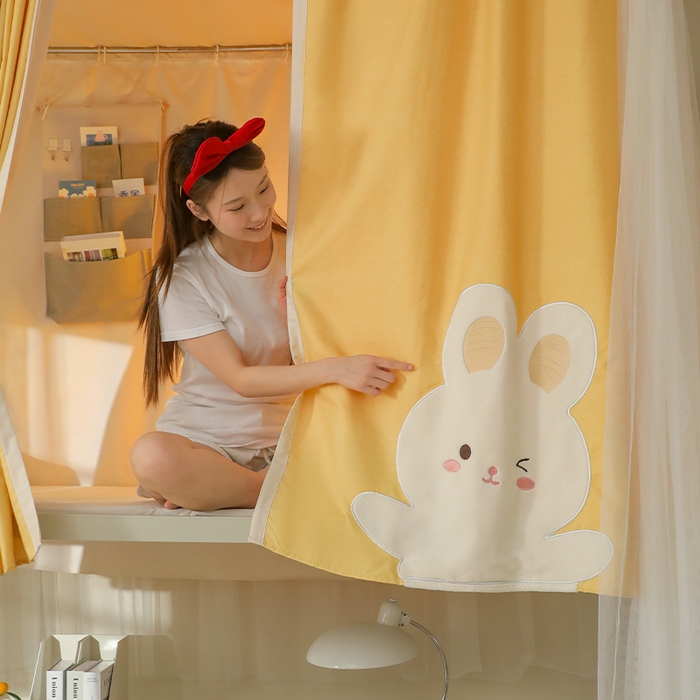 91家纺网 家纺一手货源 找家纺 都市缘蚊帐 2025新款学生宿舍导轨遮光床帘上下铺贴布卡通蚊帐0.8m 0.9m床 软萌兔-黄