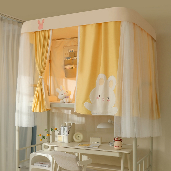 91家纺网 家纺一手货源 找家纺 都市缘蚊帐 2025新款学生宿舍导轨遮光床帘上下铺贴布卡通蚊帐0.8m 0.9m床 软萌兔-黄