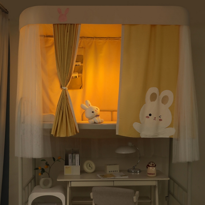 91家纺网 家纺一手货源 找家纺 都市缘蚊帐 2025新款学生宿舍导轨遮光床帘上下铺贴布卡通蚊帐0.8m 0.9m床 软萌兔-黄