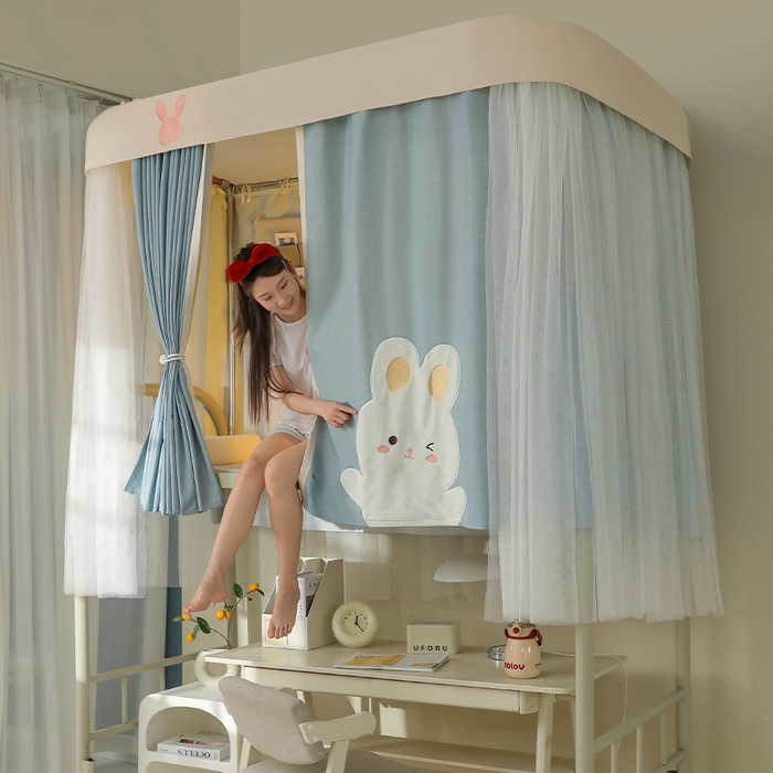 91家纺网 家纺一手货源 找家纺 都市缘蚊帐 2025新款学生宿舍导轨遮光床帘上下铺贴布卡通蚊帐0.8m 0.9m床 软萌兔-墨绿