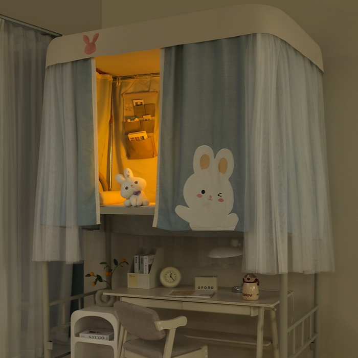 91家纺网 家纺一手货源 找家纺 都市缘蚊帐 2025新款学生宿舍导轨遮光床帘上下铺贴布卡通蚊帐0.8m 0.9m床 软萌兔-墨绿