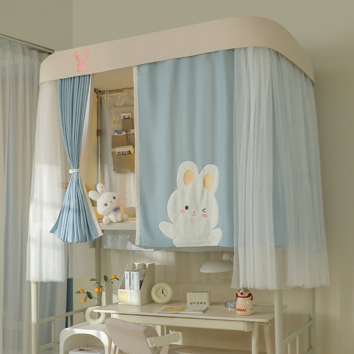 91家纺网 家纺一手货源 找家纺 都市缘蚊帐 2025新款学生宿舍导轨遮光床帘上下铺贴布卡通蚊帐0.8m 0.9m床 软萌兔-墨绿