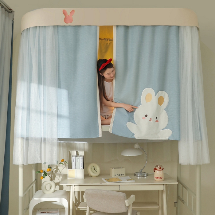 91家纺网 家纺一手货源 找家纺 都市缘蚊帐 2025新款学生宿舍导轨遮光床帘上下铺贴布卡通蚊帐0.8m 0.9m床 软萌兔-墨绿