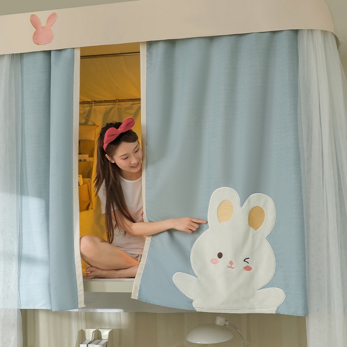 91家纺网 家纺一手货源 找家纺 都市缘蚊帐 2025新款学生宿舍导轨遮光床帘上下铺贴布卡通蚊帐0.8m 0.9m床 软萌兔-墨绿