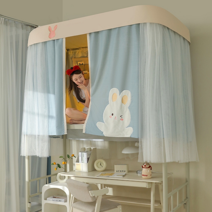 91家纺网 家纺一手货源 找家纺 都市缘蚊帐 2025新款学生宿舍导轨遮光床帘上下铺贴布卡通蚊帐0.8m 0.9m床 软萌兔-墨绿